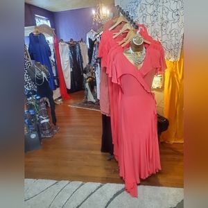 Beautiful Melon Rayon Ruffle Wrap Midi Asymetrical Dress